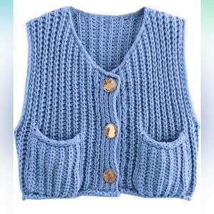 Womens Crop Knit Vest Chunky Crochet Button Cardigan Sweater Vests Sleeveless